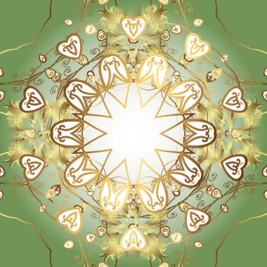 Vintage baroque floral seamless pattern in gold over yellow, green and neutral. Golden element on yellow, green and neutral colors. Luxury, royal and Victorian concept. Ornate decoration.