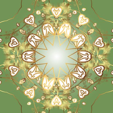 Golden elements on neutral, green and yellow colors. Seamless oriental ornament in the style of baroque. Traditional classic golden seamless pattern.