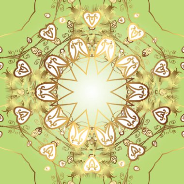 Seamless vintage pattern on yellow, neutral and beige colors with golden elements. Christmas, snowflake, new year. Golden seamless pattern on yellow, neutral and beige colors with golden elements.