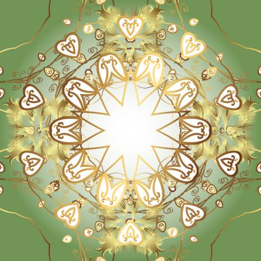 Vector abstract floral wreath from golden doodle fantasy leaves and flower on a neutral, yellow and green colors. Hand drawn decorative frame, album cover, greeting card, vintage Art deco style.