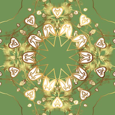 Golden element on yellow, brown and green colors. Vector illustration for invitations, cards, web page. Line art seamless border for design template. Golden outline floral decor. Eastern style element