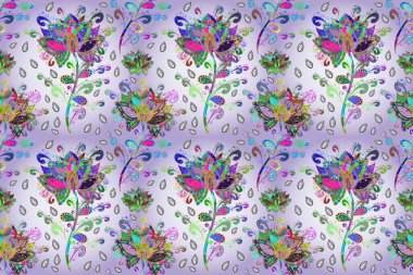 Raster floral pattern in doodle style with flowers and leaves. Raster illustration. Gentle, spring floral on neutral, gray and green colors.