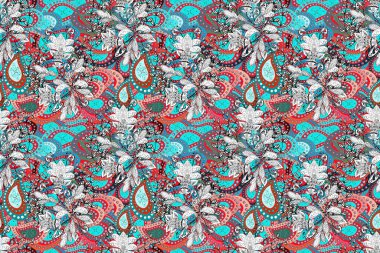 Flowers on blue, red and white colors. Floral pattern in doodle style with flowers. Gentle, nice floral background.