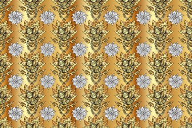 Ornamental floral elements with henna tattoo, golden stickers, mehndi and yoga design, cards and prints. Raster golden mehndi pattern. Pattern on beige, yellow and gray colors with golden elements.