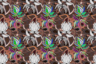 Seamless Floral Pattern in Raster illustration. Flowers on gray, brown and white colors.