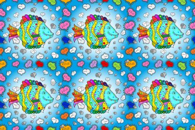 Seamless. Fashionable template for design of clothes. Embroidery sea life collection. Sea tropical fishes. Fashionable Classical embroidery tropical sea, fishes. Blue, neutral and white. Raster sketch