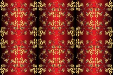 Symbol holiday, New Year celebration golden pattern. Christmas golden snowflake seamless pattern. Winter snow texture wallpaper. Golden snowflakes on red, black and brown colors.