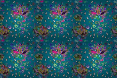 Flowers of the valley on green, violet and blue colors. Abstract ethnic raster seamless pattern. Flowers.