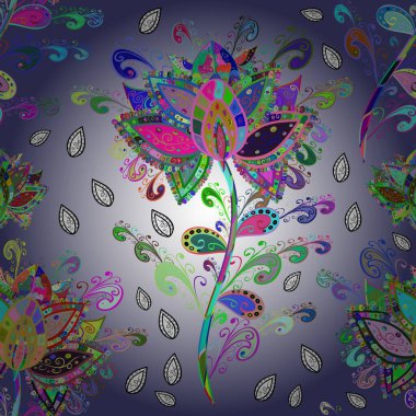 Vector flower print. Vintage outline illustration. Floral neutral, violet and blue seamless pattern.