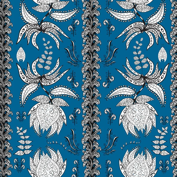 Flowers on white, blue and black colors. Seamless flower pattern can be used for wallpaper. Vector illustration.