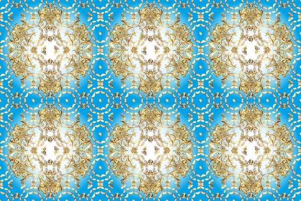 Floral classic texture. Royal retro on neutral, blue and white colors. Design vintage for card, wallpaper, wrapping, textile. Gold template. Seamless pattern golden elements.