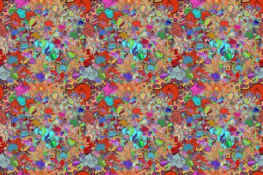 Turuncu, yeşil ve mavi renkli çiçekler. El çizimi. Suluboya çizimi. Çiçeklerle kusursuz desen.