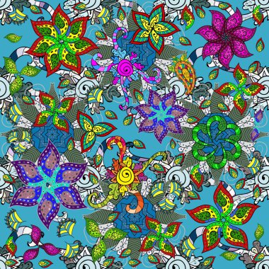 Mavi, yeşil ve siyah renkte çiçekler. Küçük çiçekte sevimli çiçek deseni var..