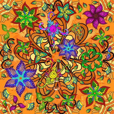 Hint süsü. Renkli süs kenarı. Kusursuz desen. Çiçek duvar kağıdı. Sarı, siyah ve turuncu renklerde.