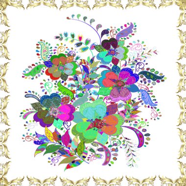 Mavi, beyaz ve yeşil renkli şirin çiçek desenleri. Düz Çiçek Elementleri Tasarımı. Modaya uygun kumaş deseni. Renkli Bahar Teması Kusursuz Arkaplan.