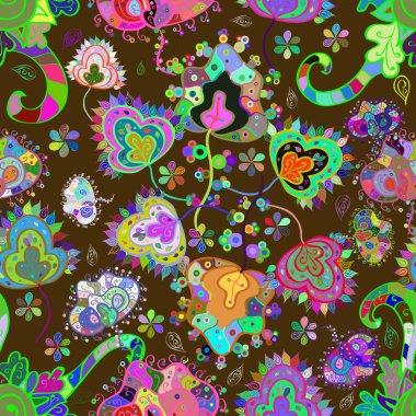 Halk tarzı. Modern çiçek arkaplanı. Moda baskıları için zarif bir şablon. Parlak renkli çiçekleri ve yaprakları mavi, kahverengi ve yeşil renklerde şaşırtıcı, pürüzsüz çiçek deseni..