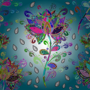 Şirin çiçekli ve yeşil, mavi ve nötr renklerde yaprakları olan kusursuz desen, suluboya çiçek deseni, duvar kağıdı, kart ya da kumaş için fayanslı. Vektör illüstrasyonu.