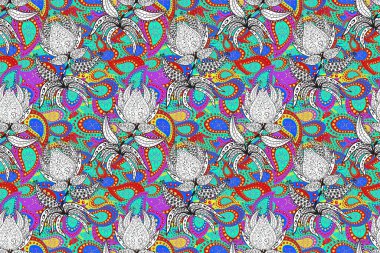 Çiçek buketleriyle klasik tarzda kusursuz desenler. Yeşil, kırmızı ve beyaz renklerde. Raster illüstrasyonu.