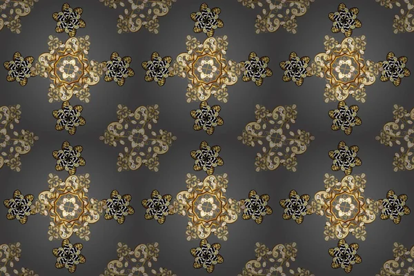 Seamless classic raster golden pattern. Golden pattern on gray, yellow and brown colors with golden elements. Traditional orient ornament. Classic vintage background.