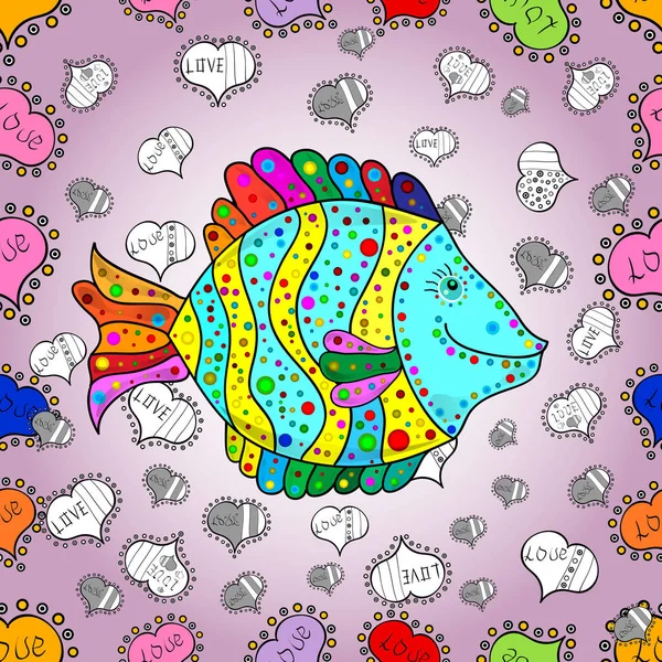 Tropical fish, sea, aquarium fishes. Seamless pattern. Nice fish on neutral, blue and white colors. Cute fish.