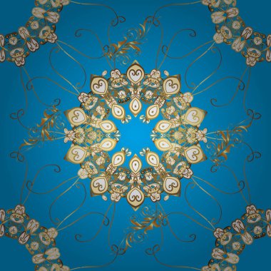 Klasik barok çiçek desenleri bej, mavi ve kahverengi yerine altın rengi. Bej, mavi ve kahverengi renklerde altın element. Süslü vektör dekorasyonu. Lüks, kraliyet ve Viktorya dönemi konsepti.