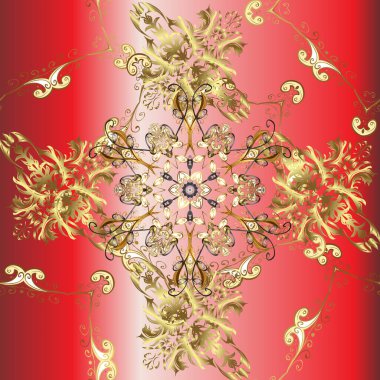 Barok tarzında kusursuz bir doğulu süsü. Tarafsız, pembe ve kırmızı renkler üzerinde geleneksel altın desenli vektör.