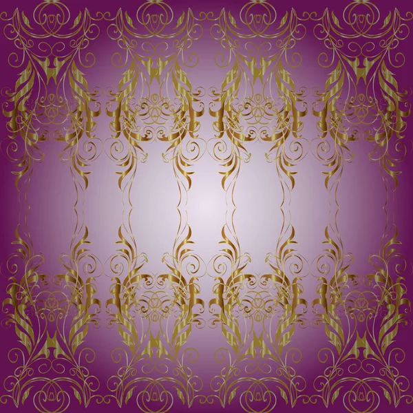 Golden Element Purple Violet Neutral Colors Damask Seamless Repeating Pattern — Stock Vector