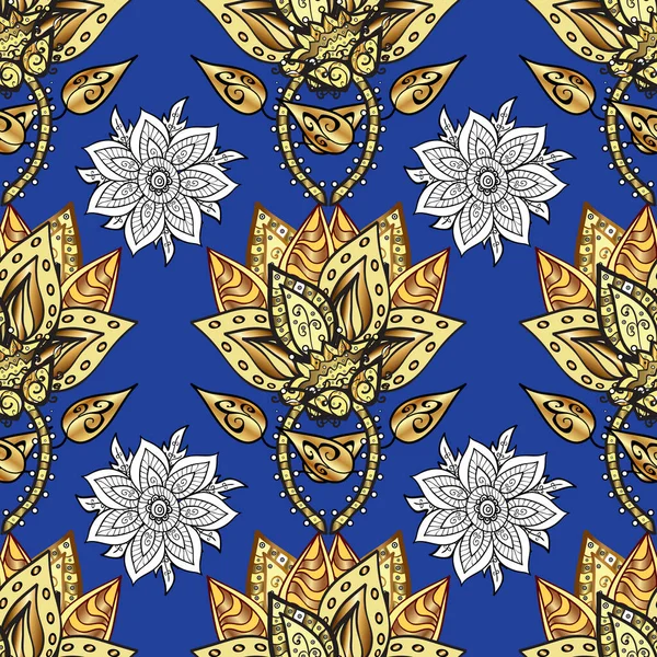 Traditional arabic decor on gray, blue and yellow colors. Golden ornate illustration for wallpaper. Vector seamless pattern with floral ornament. Ornamental. Vintage design element in Eastern style.