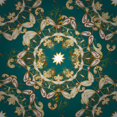Süslü dantel. Geleneksel Arap dekoru mavi, beyaz, kahverengi renkler üzerine. Duvar kâğıdı için altın süslü bir illüstrasyon. Çiçek süsüsüyle kusursuz desenli vektör. Doğu tarzında vintage tasarım ögesi.