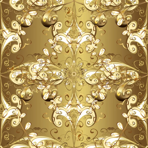 ベージュ ブラウン イエローのゴールデンパターンで 金色の要素があります 王室とビクトリア朝の概念 金のベクトルヴィンテージバロックの花のシームレスなパターン 装飾品 — ストックベクタ