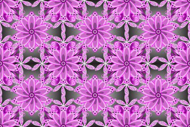 Raster deseni. Raster illüstrasyonu. Mor, gri ve pembe renkte yaz çiçekleri. Küçük çiçekte sevimli çiçek deseni var..