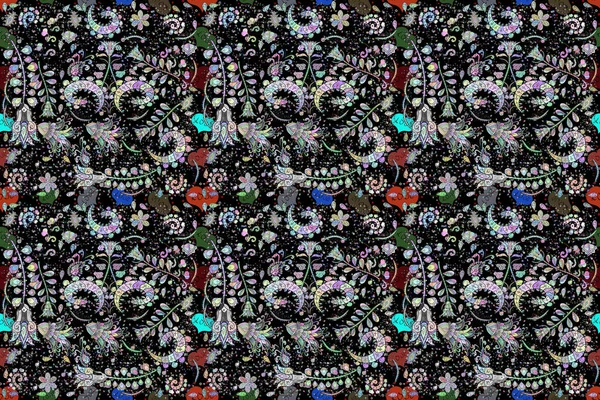 Чорному Нейтральному Синьому Кольорах Растрова Ілюстрація Безшовний Квітковий Візерунок Растровій — стокове фото