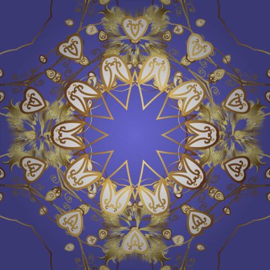 Kahverengi, sarı ve mor renklerde altın elementlerle klasik desen. Noel, kar tanesi, yeni yıl.