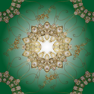 Şık bir grafik desen. Kahverengi, nötr ve yeşil renklerde altın elementler. Vektör arkaplanı. Duvar kâğıdı barok, İspanyol kumaşı. Çiçek deseni.