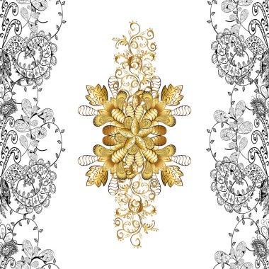 Barok tarzında duvar kağıdı tasarımı için Damask desen arkaplanı. Süslü vektör dekorasyonu. Altın desenli siyah, sarı ve beyaz altın elementler.