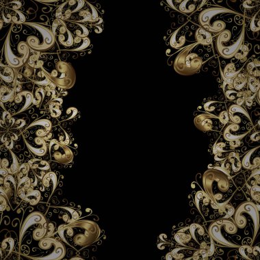 El yapımı dekoratif çerçeve, albüm kapağı, davetiye, tebrik kartı, klasik Art deco tarzı. Altın karalama fantezi yapraklarından vektör soyut çiçek çelengi ve kahverengi, bej, siyah renkte çiçek..