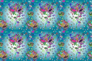 Yeşil, tarafsız ve mavi renkli vadi çiçekleri. Raster dikişsiz çiçek deseni.