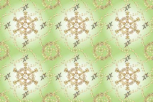 Seamless golden pattern. Golden pattern on beige, white and neutral colors with golden elements. Oriental ornament.