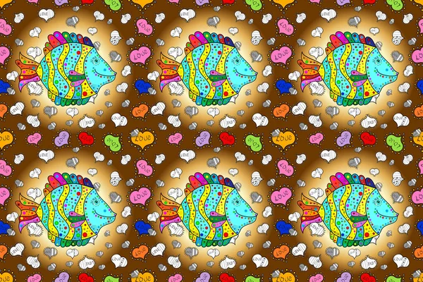 海洋生物夏季背景 用卡通画的五彩斑斓的鱼点缀海洋无缝图案 黄色和米黄色的鱼 — 图库照片