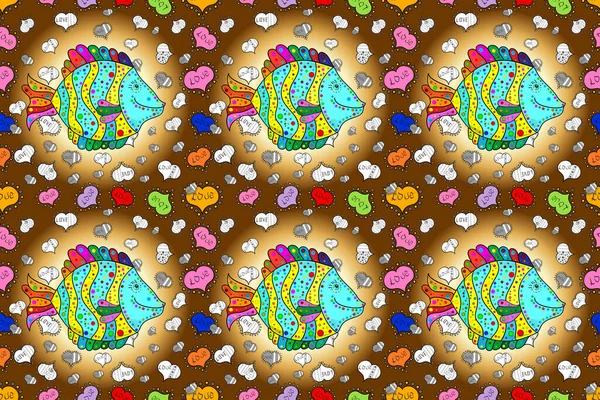 海洋生物夏季背景 用卡通画的五彩斑斓的鱼点缀海洋无缝图案 黄色和米黄色的鱼 — 图库照片