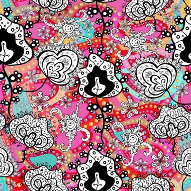 Çiçek desenleri siyah, pembe ve beyaz renklerde, el yapımı papatyalar, papatyalar. Tekrarlayan çiçek arkaplanı, zarif siyah, pembe ve beyaz çiçek duvar kağıdı.