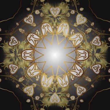 Gri, kahverengi, altın elementli sarı renklerde pürüzsüz desen. Parlak dantel, stilize çiçekler, şal desenli. Doğu tarzı arabesk. Kusursuz altın desenli bukleler. Altın şablonu açın. Vektör