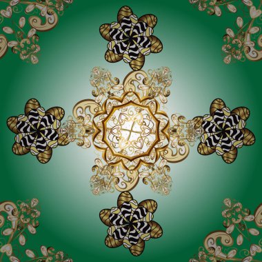 Altın rengi, kusursuz çizim. Senin tasarımın için, duvar kağıdı. Yeşil, nötr ve mavi renklerde altın çiçekli altın desenler. Vektör geometrik arkaplan.