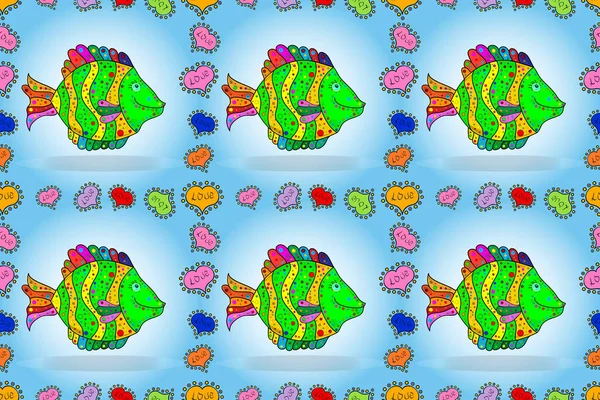 Stylized raster cute color fish for children textile, wrapping paper, swimsuit cloth, package. Marine kids seamless pattern with colorful cartoon fishes in water. Raster. Fishes on blue, green.