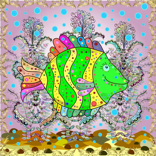 Рыбы Нейтральных Зеленых Желтых Стилизованная Рыба Симпатичного Цвета Детского Текстиля — стоковое фото