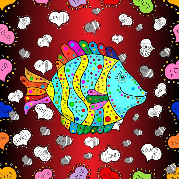Funny cartoon colorful fishes. Fishes on red, black and brown. Seamless.
