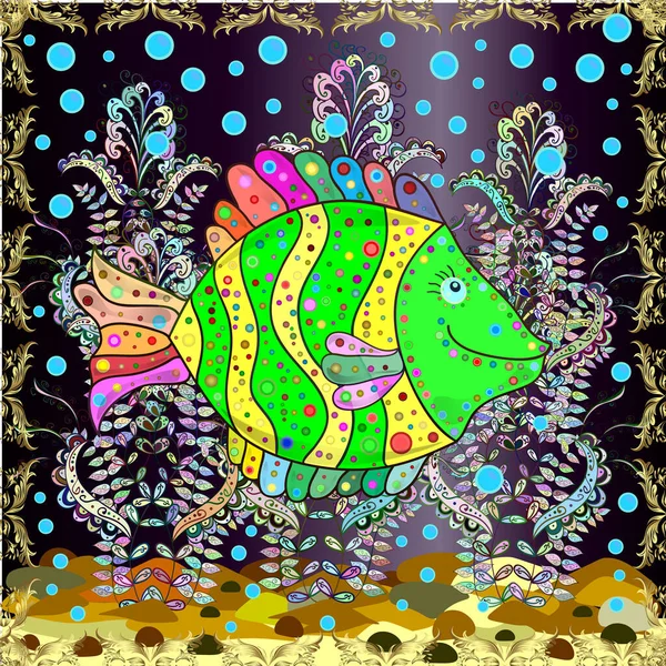 Коллекция Морской Жизни Бесшовно Морские Тропические Рыбы Черный Зеленый Нейтральный — стоковый вектор