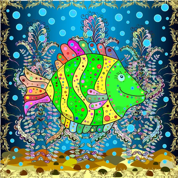 Vector Illustration Seamless Cute Pattern Different Tropical Fish Blue Green — Stock Vector