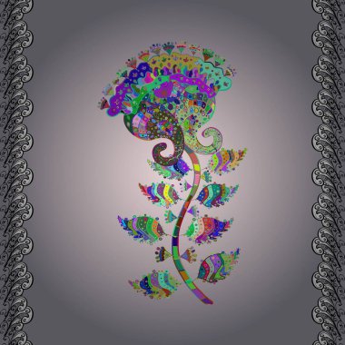 Renkli Bahar Temalı Kusursuz Arkaplan. Siyah, nötr ve gri renkte çiçekler. Düz Çiçek Elementleri Tasarımı. Çiçekli, suluboya desenli kusursuz çiçek deseni. Vektör illüstrasyonu.