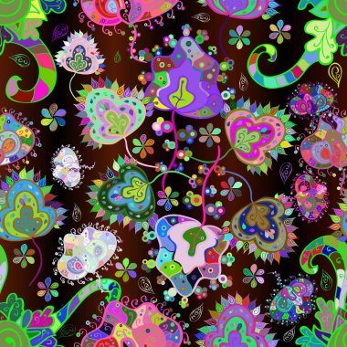 Elle çizilmiş karalama çiçekleriyle kusursuz bir desen. Yeşil, siyah ve kahverengi arka planda. Çocuksu tasarım. Tekstil, kumaş, ambalaj, hatıra defteri için güzel çiçek arkaplanı..